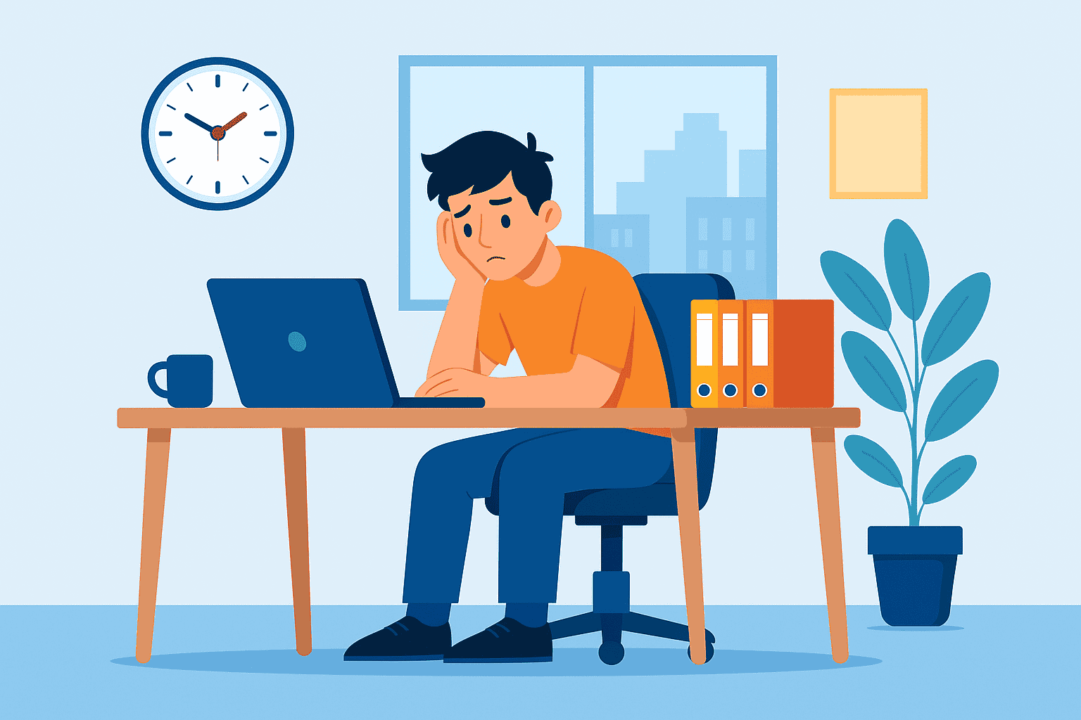 A digital illustration of a young person working intensely at a desk, representing normal behavior in today’s work culture and productivity mindset.