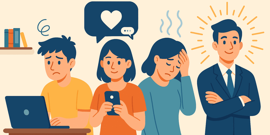 A flat-style illustration showing four individuals symbolizing aspects of normal behavior work stress, social media habits, emotional suppression, and outward confidence reflecting accepted societal norms.