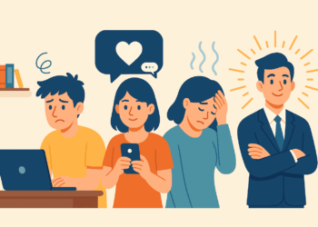 A flat-style illustration showing four individuals symbolizing aspects of normal behavior work stress, social media habits, emotional suppression, and outward confidence reflecting accepted societal norms.